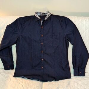 Coofandy Men's Blue Denim/Plaid Long sleeve Button down Shirt, Size L.